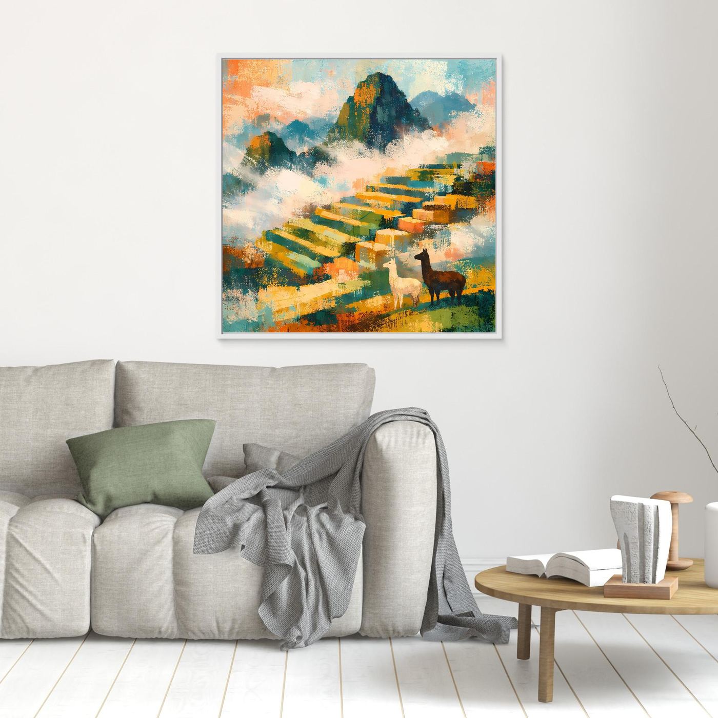 Quadratisches Leinwandbild mit abstrakter Berglandschaft, Terrassen und Alpakas, hell gerahmt