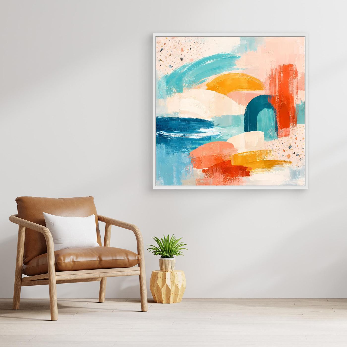 Abstract canvas wall art with pastel geometric shapes, terrazzo texture, white frame