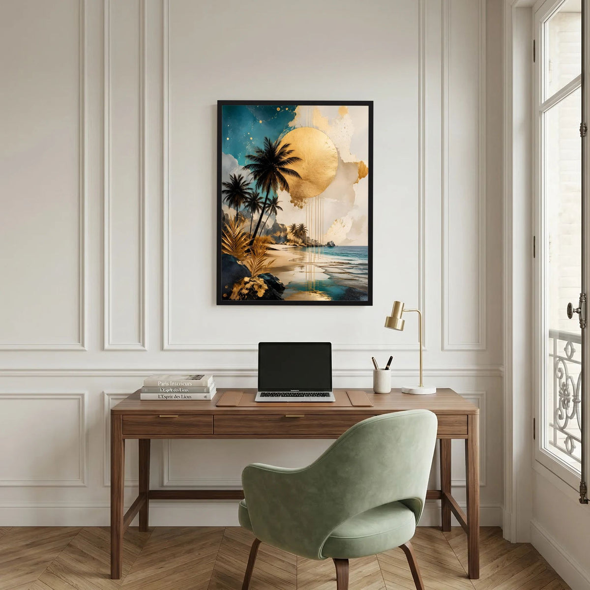Gerahmtes Hochformat-Poster mit Palmen, goldener Sonne und Küstenlandschaft