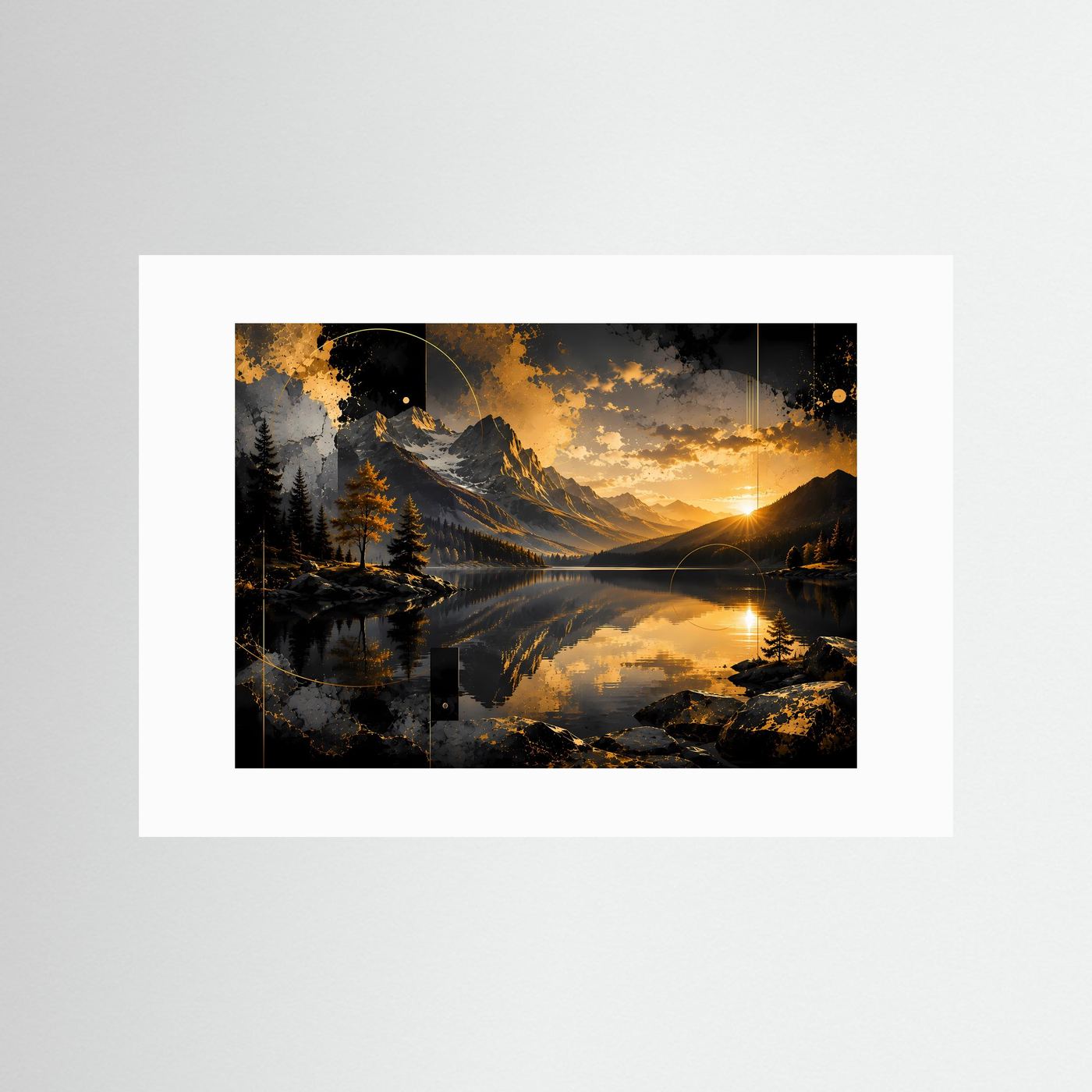 Bergsee-Querformatposter mit weißem Passepartout, Sonnenuntergang in Goldtönen und See-Reflexion