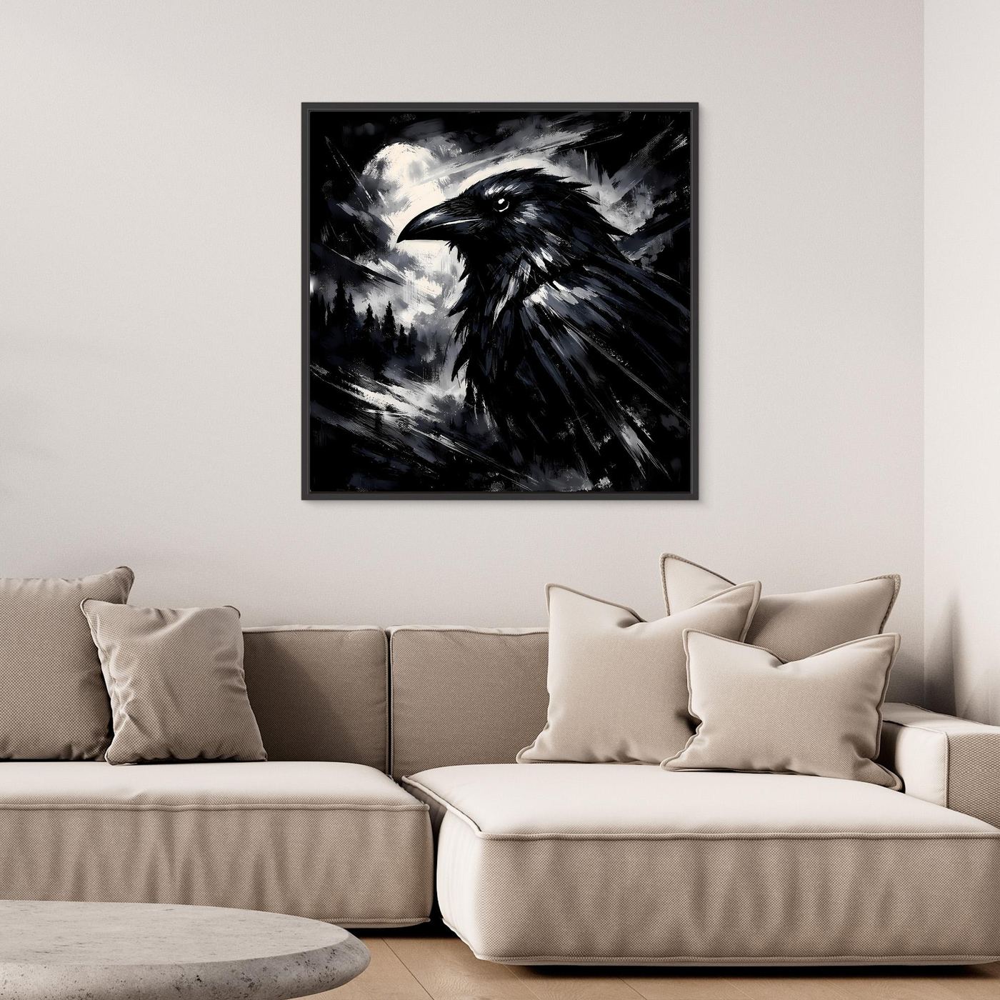 Quadratisches Leinwandbild mit schwarzem Raben, silbernen Mondwolken, im schwarzen Rahmen