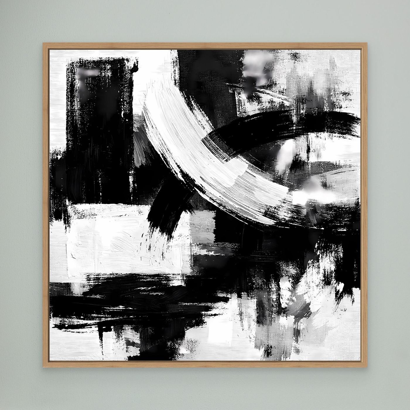 Black-and-white abstract brushstroke canvas wall art in oak frame, minimalist, close-up