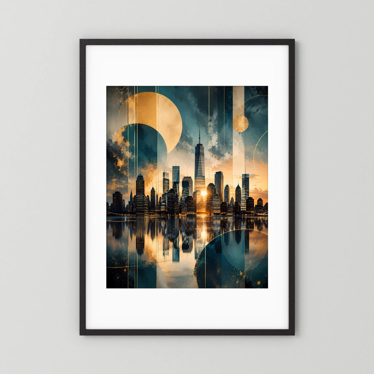 Poster im Hochformat mit abstrakter Skyline in Gold und Petrol, schwarzer Rahmen