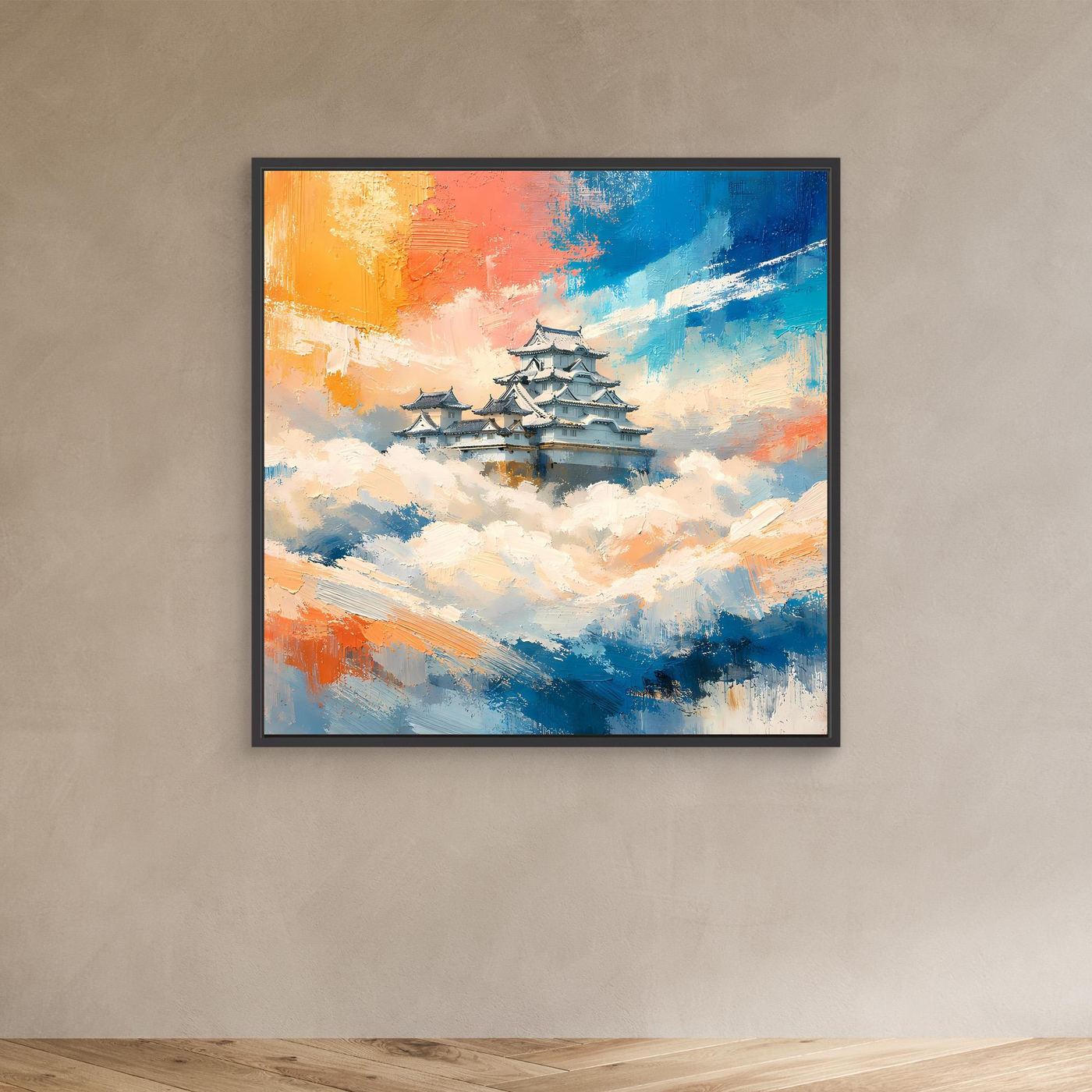 Leinwand Traditionelle Japanische Burg über den Wolken | Fernöstliches Wandbild auf echter Leinwand