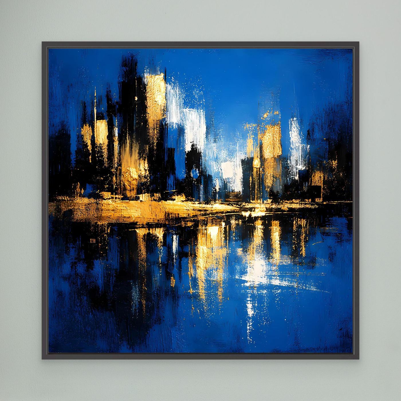 Leinwand Abstrakte Skyline in Blau und Gold | Modernes Großstadt Wandbild mit Spiegelung