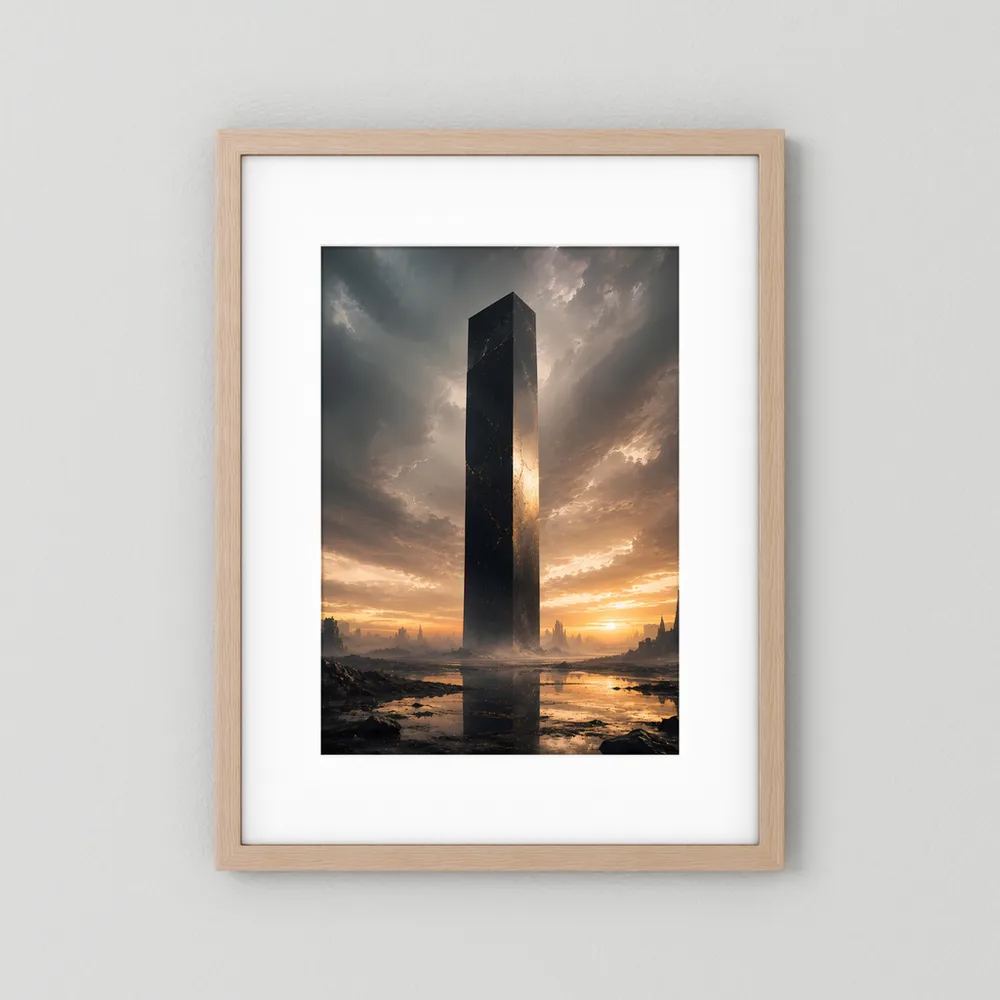 Poster im Hochformat mit schwarzem Monolithen, im hellem Holzrahmen mit weißem Rand