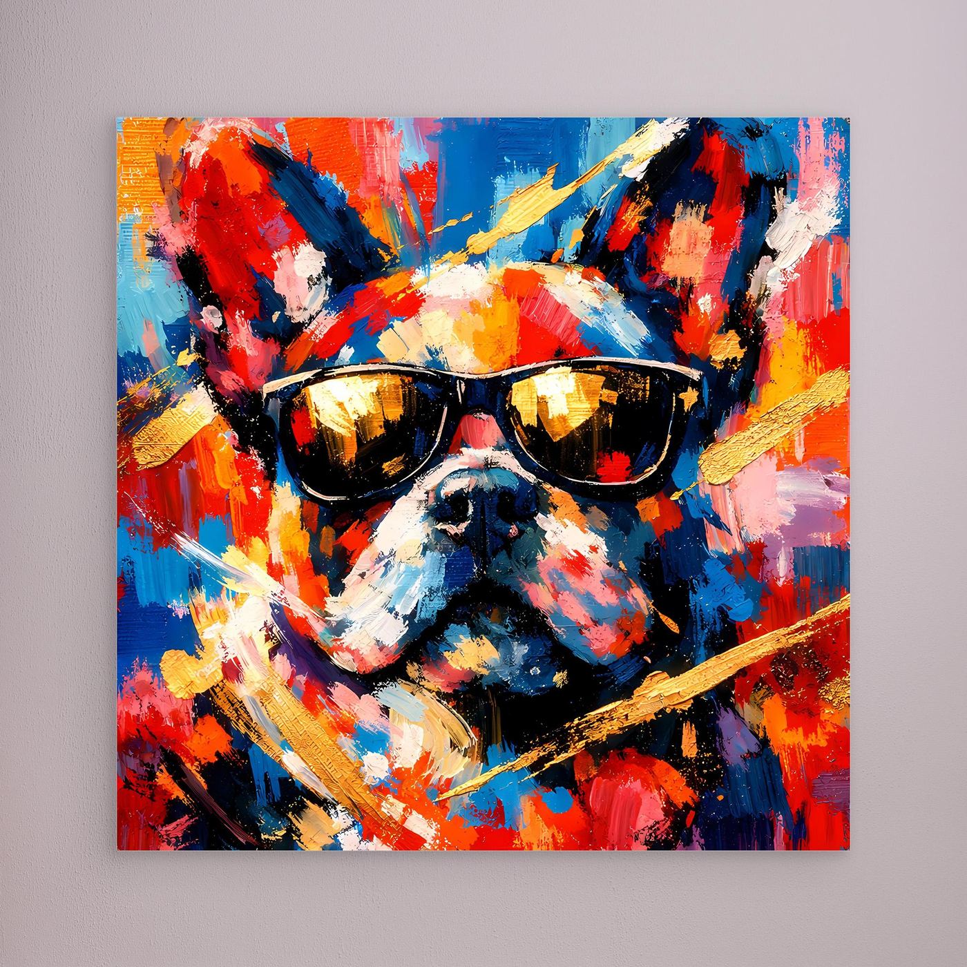 Leinwandbild mit abstrakter Französischer Bulldogge und Sonnenbrillen, bunt, ohne Rahmen