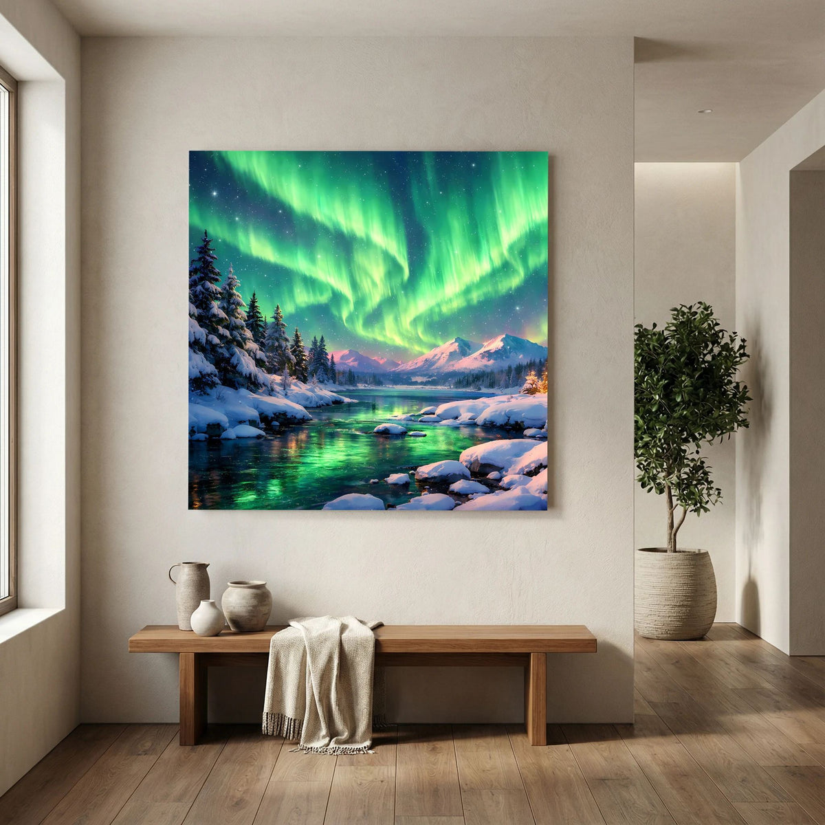 Leinwandbild auf Holzkeilrahmen: Polarlichter über schneebedecktem Fluss und Berglandschaft