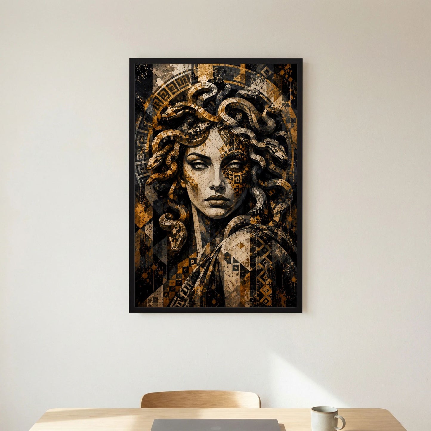 Medusa-Poster im schwarzen Rahmen mit goldenen und schwarzen Schlangen und Antlitz