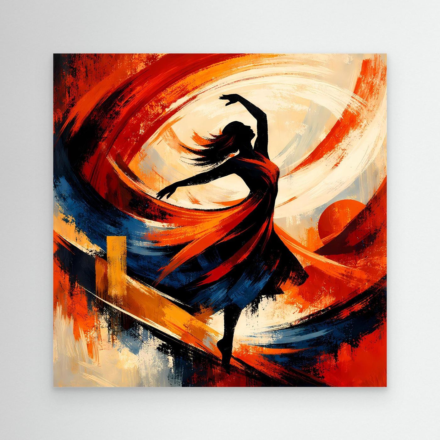 Leinwandbild mit abstrakter Tänzerin, rote, blaue und beige Pinselstriche, schwarze Silhouette