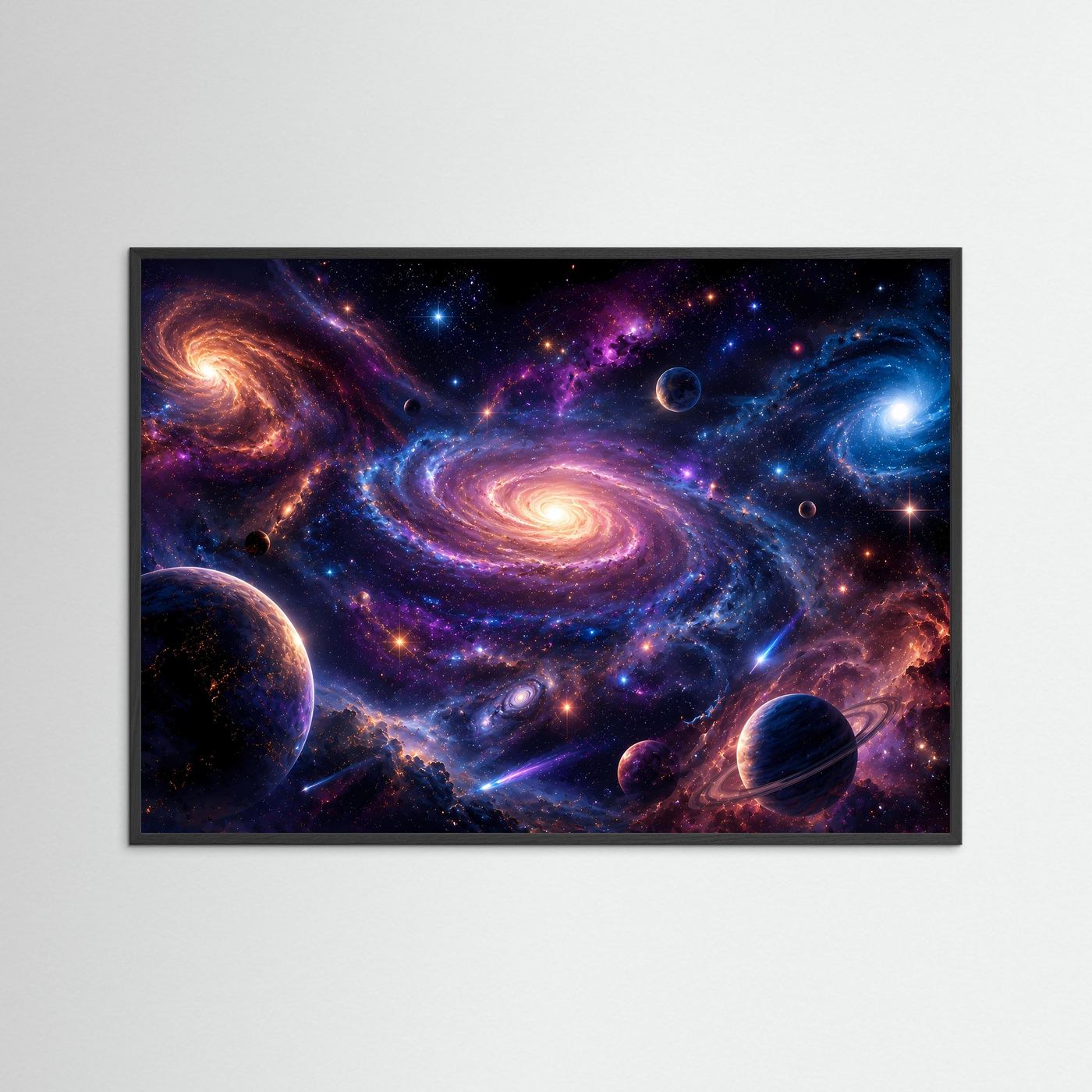 Poster im Querformat mit Galaxien-Motiv, schwarzer Holzrahmen, Spiralnebel und Planeten