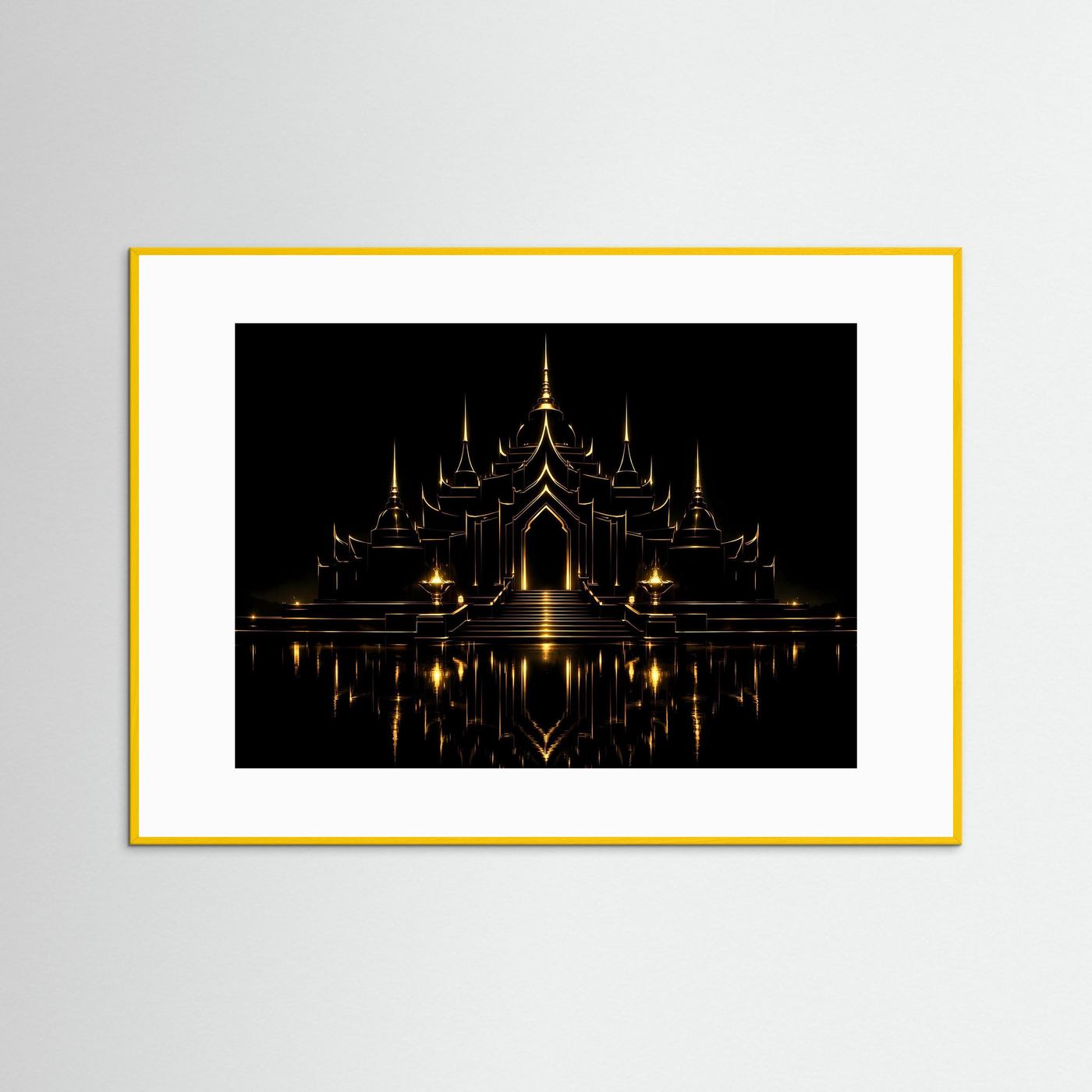 Wandposter mit Tempelarchitektur, goldenen Lichtern und Spiegelung, im goldfarbenen Rahmen