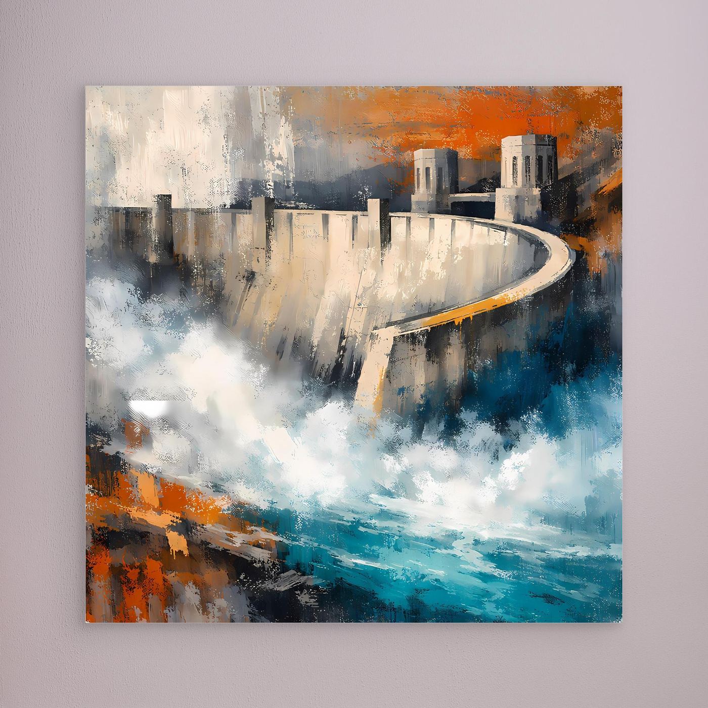 Abstraktes Leinwand-Wandbild Talsperre, Blau-Orange und weißer Schleier-Effekt