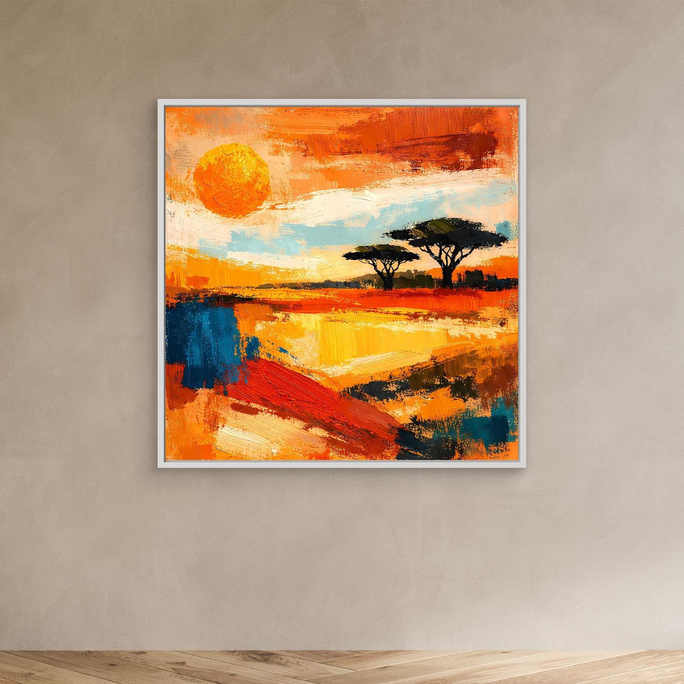 Small abstract landscape wall art with orange sunset hues and dark acacia tree silhouettes in a white frame.