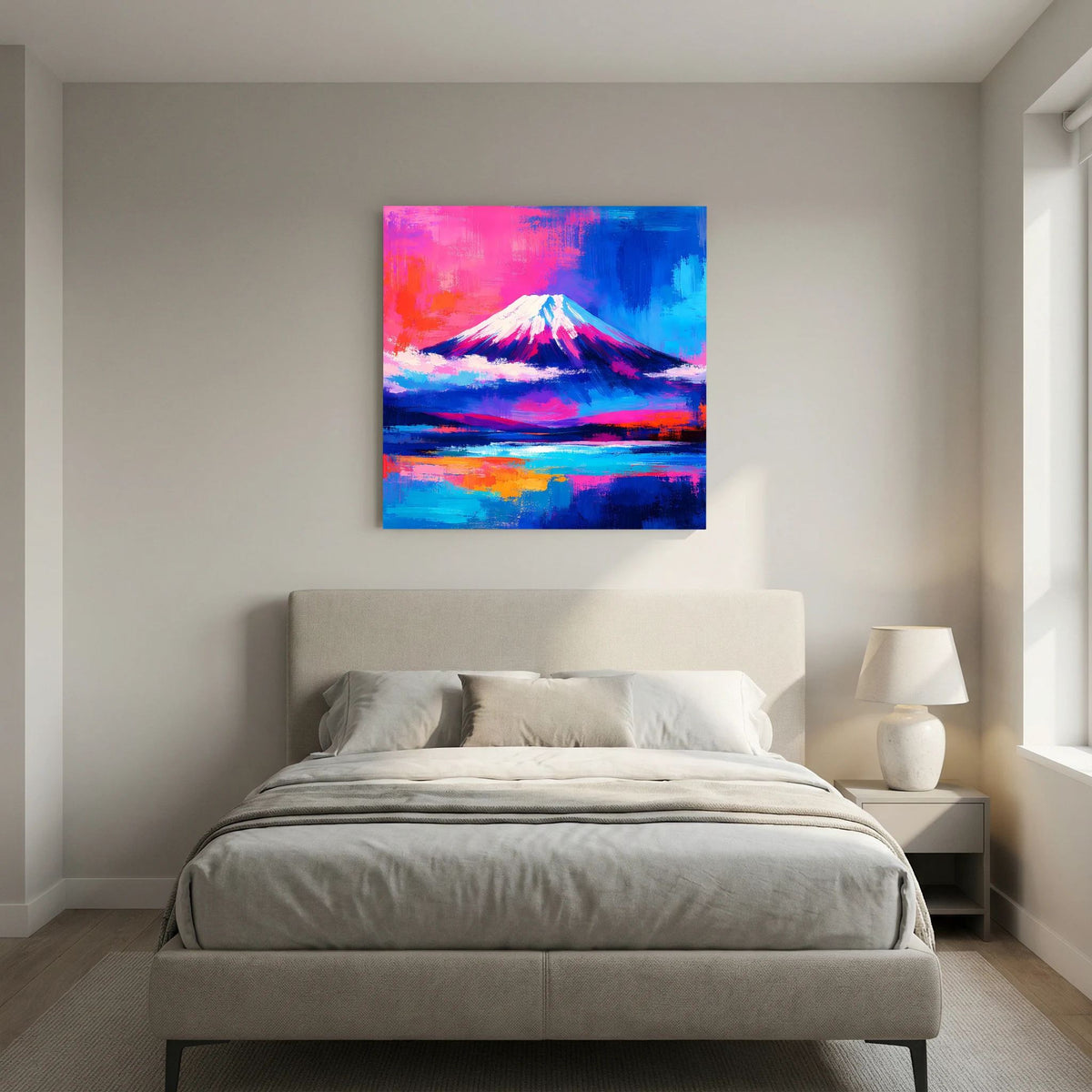 Abstraktes Leinwandbild mit Fuji-Bergmotiv in Pink, Blau und Violett auf Holzkeilrahmen