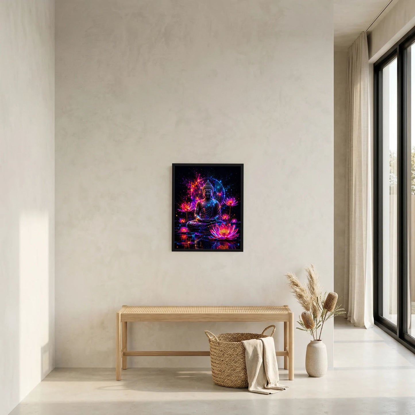 Wandbild-Poster mit sitzendem Buddha in Neon-Pink und Blau, umgeben von Lotusblüten