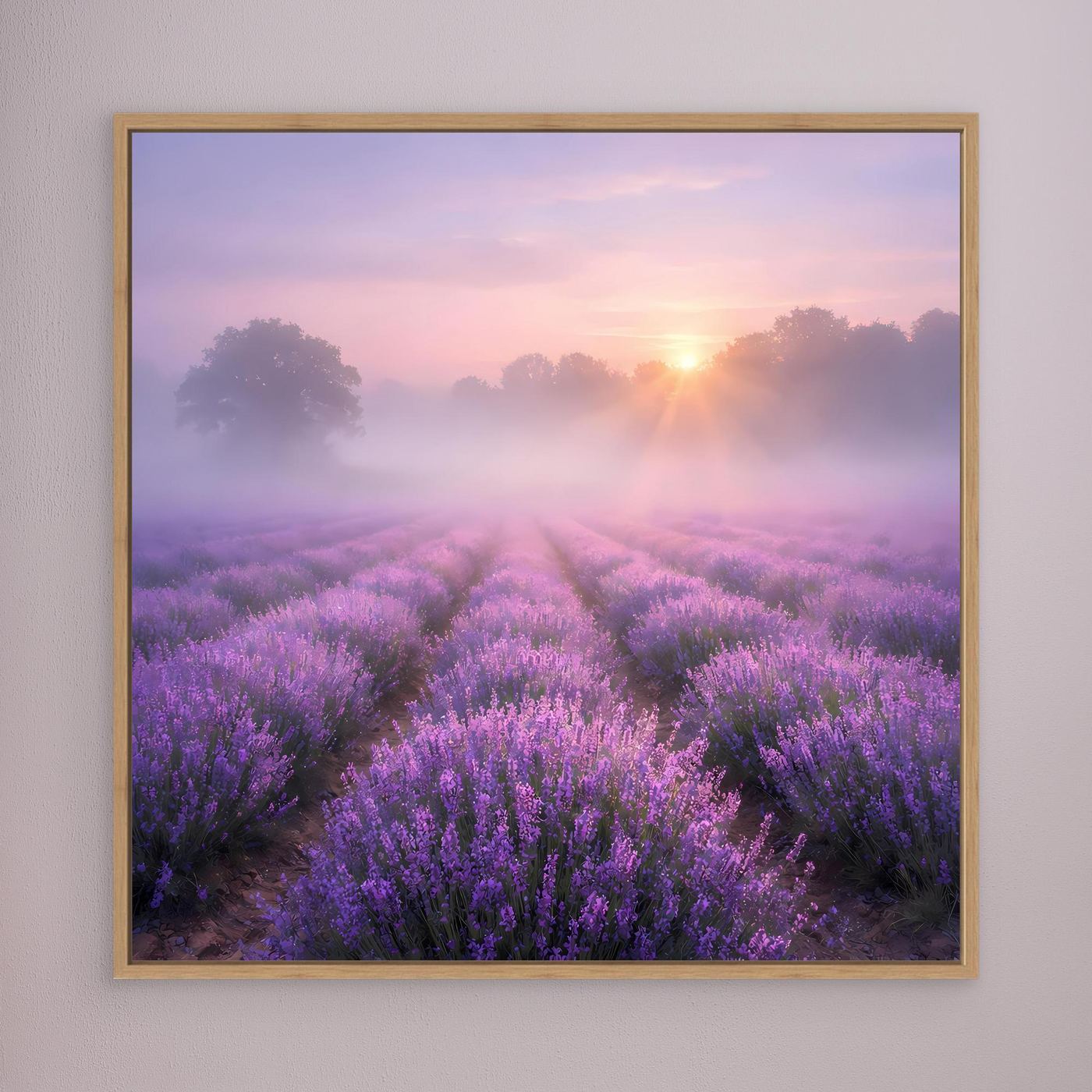 Leinwandbild mit Lavendelfeld im Nebel, Eichenholzrahmen