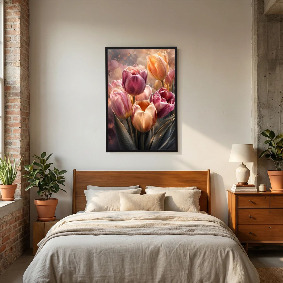 Tulpenposter im schwarzen Holzrahmen, rosa und apricot Tulpen mit dunklen Blättern.