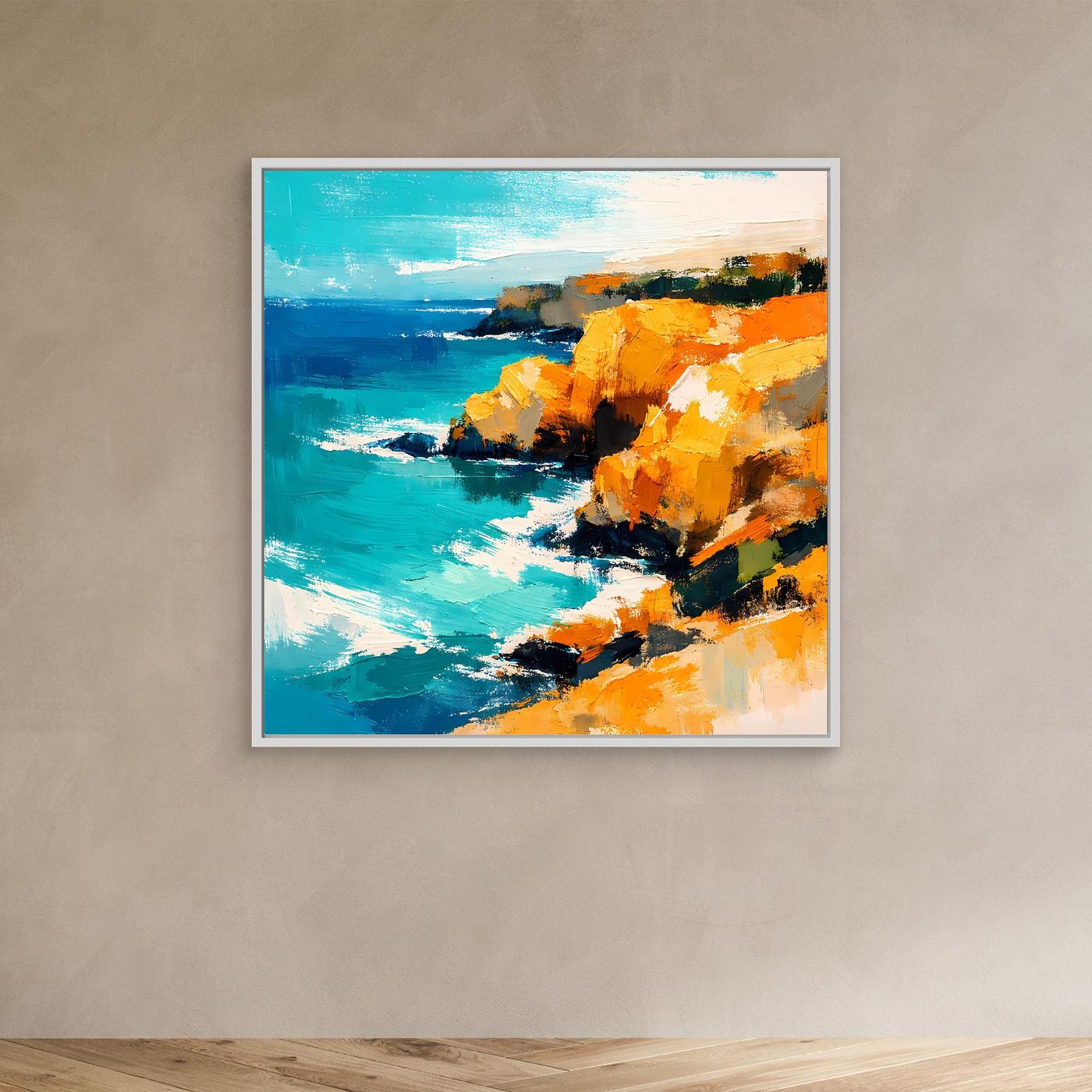 Leinwand Abstraktes Steilküsten Gemälde | Modernes Mediterranes Meeres Wandbild Blau Gelb