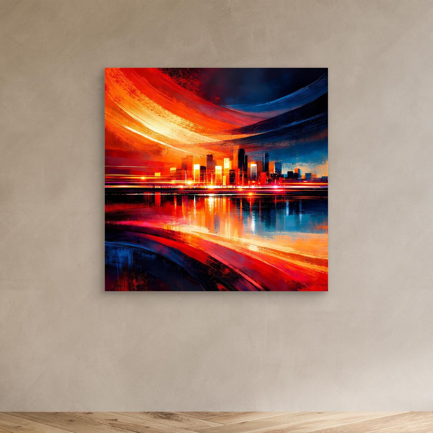 Abstraktes Skyline-Leinwandbild ohne Rahmen, dynamische Lichtspuren, Rot- und Blautöne