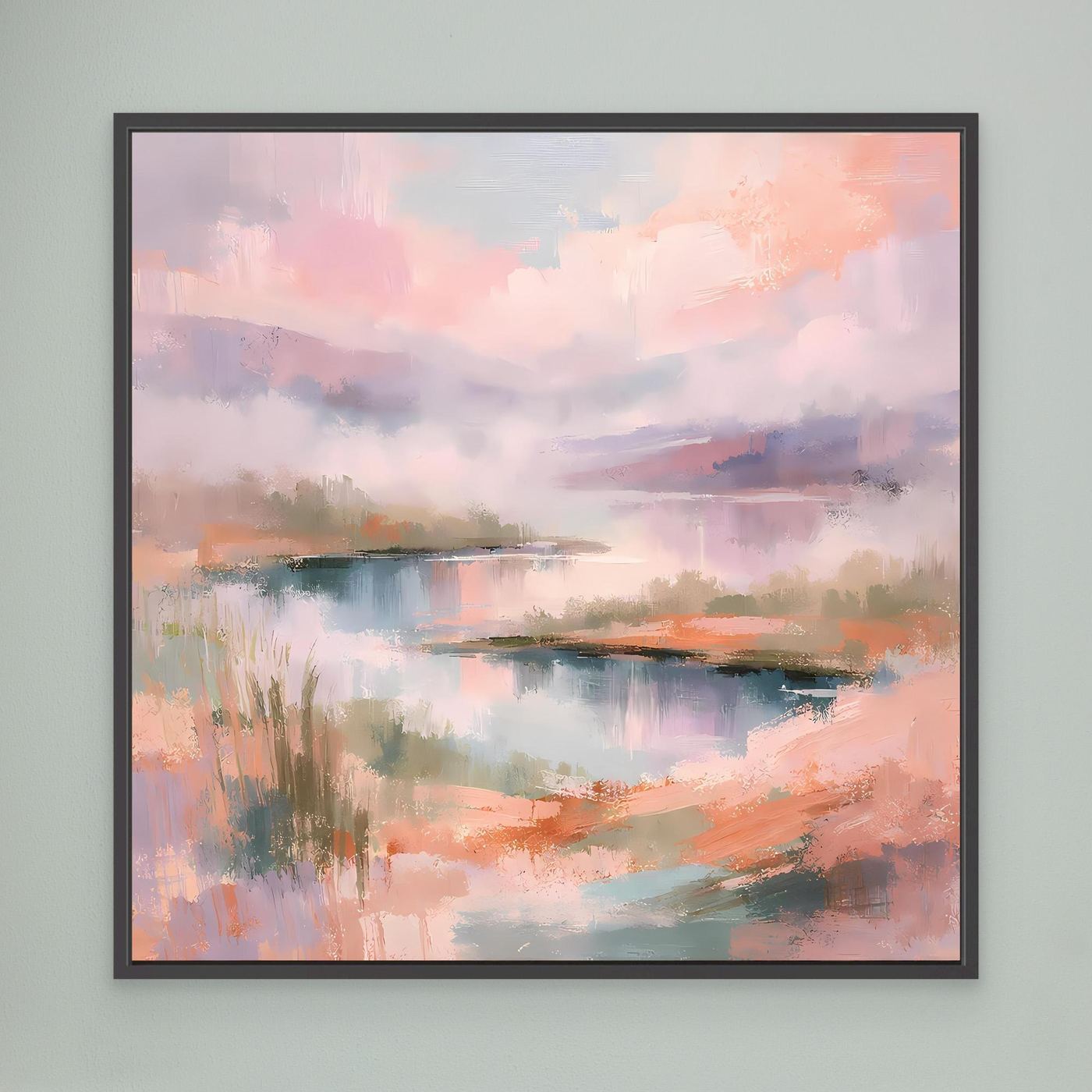Pastellfarbenes abstraktes Seenlandschaft-Wandbild auf Leinwand, schwarzer Rahmen