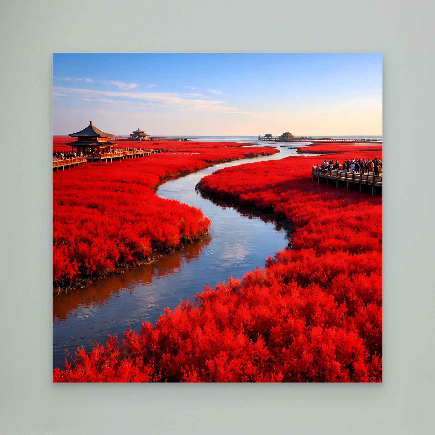 Leinwandbild: roter Fluss mit roten Buschflächen, Stege und Pagode im Bild