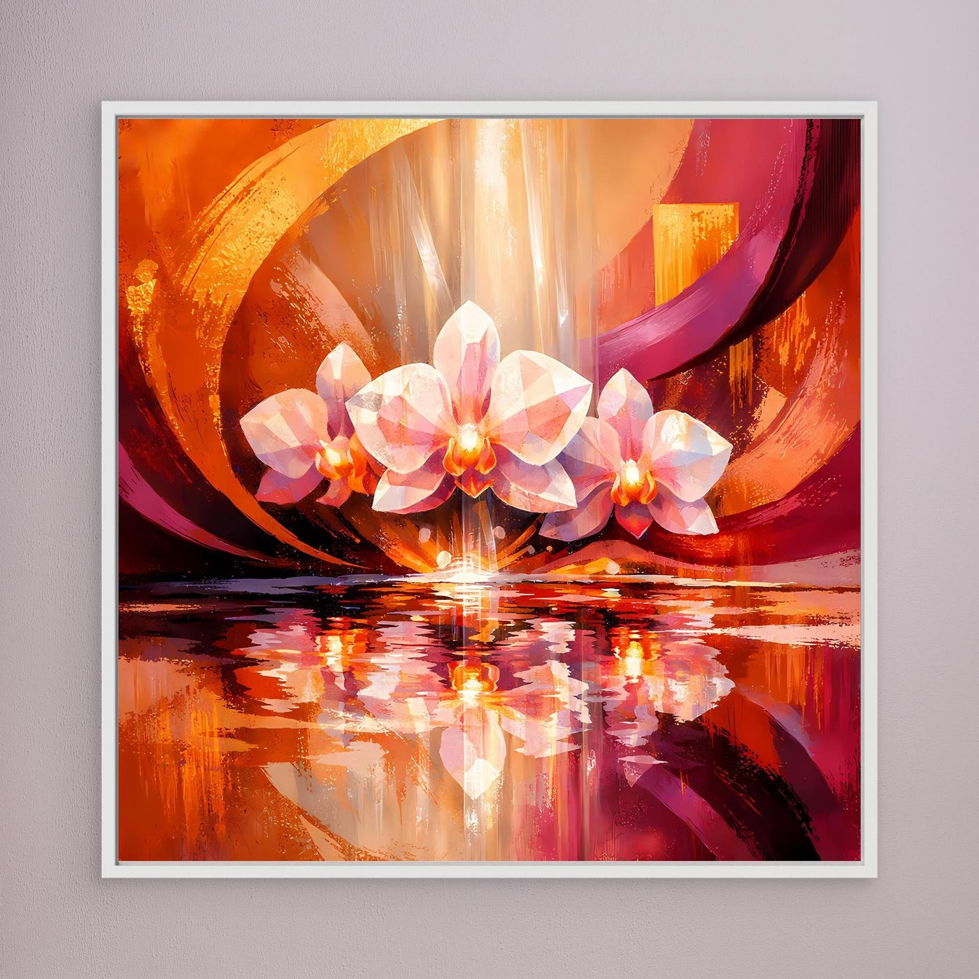 Leinwandbild mit abstrakten Orchideen, orange-roter Farbfläche und Spiegelung im Wasser, weiß gerahmt