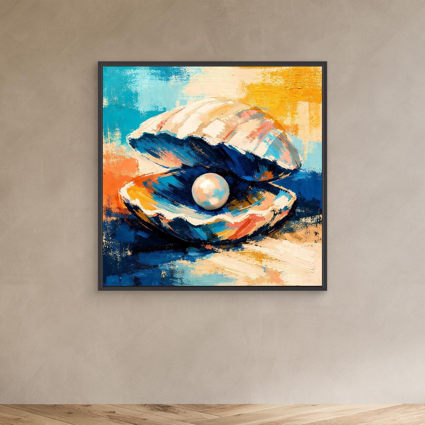 Framed abstract canvas wall art of a seashell with pearl, navy and orange brushstrokes.