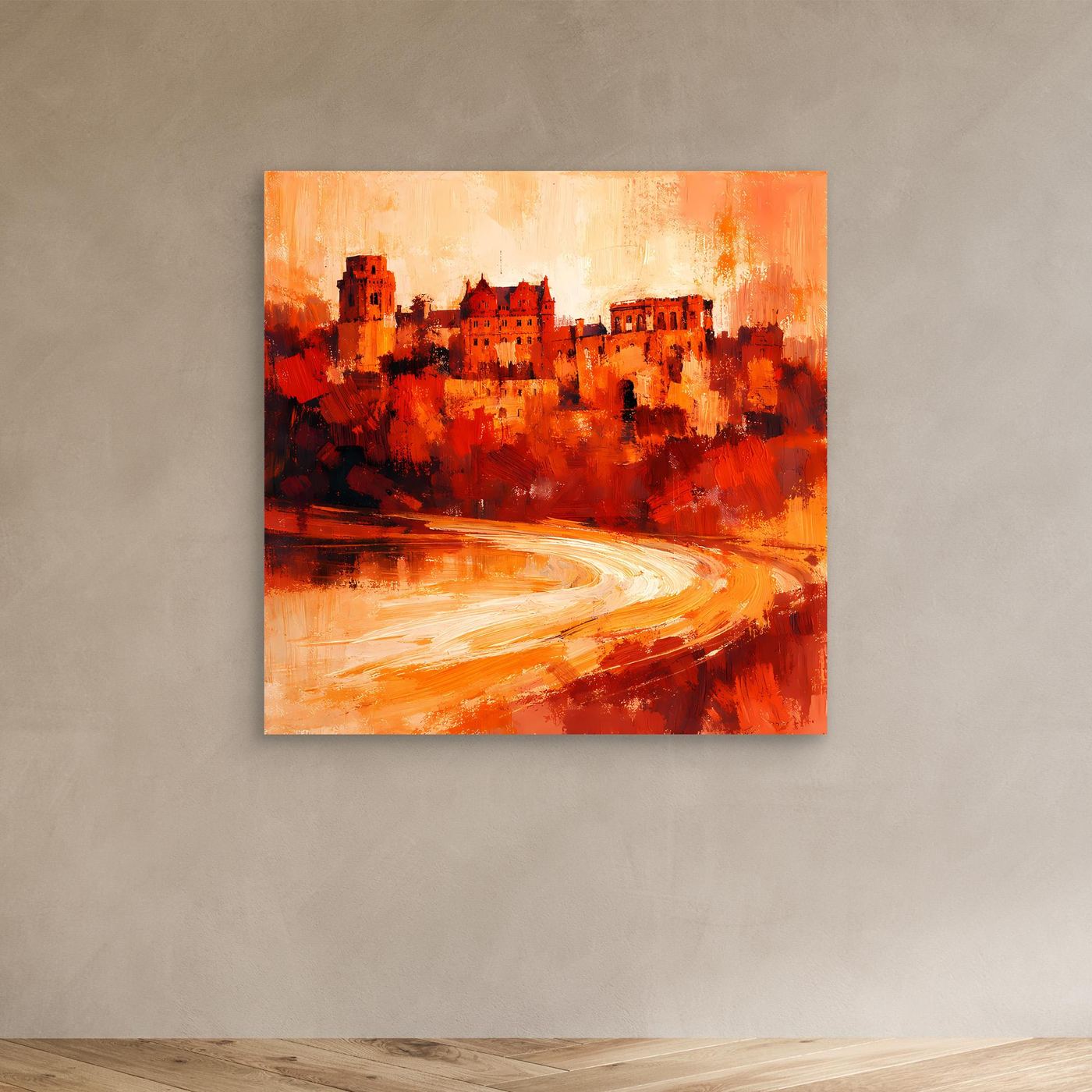 Leinwand Heidelberger Schloss im Abendlicht | Abstraktes Rot‑Ocker Wandbild mit Struktur und Tiefe
