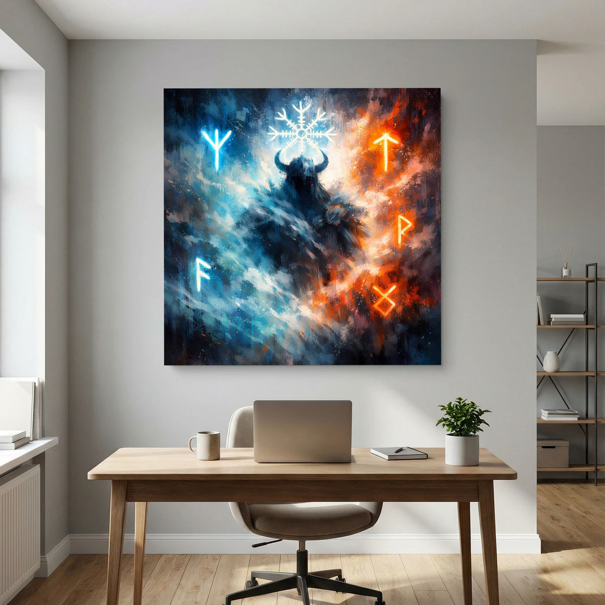 Wandbild auf Leinwand: dunkle Wikingerfigur mit leuchtender Runenreihe, blaues und oranges Muster