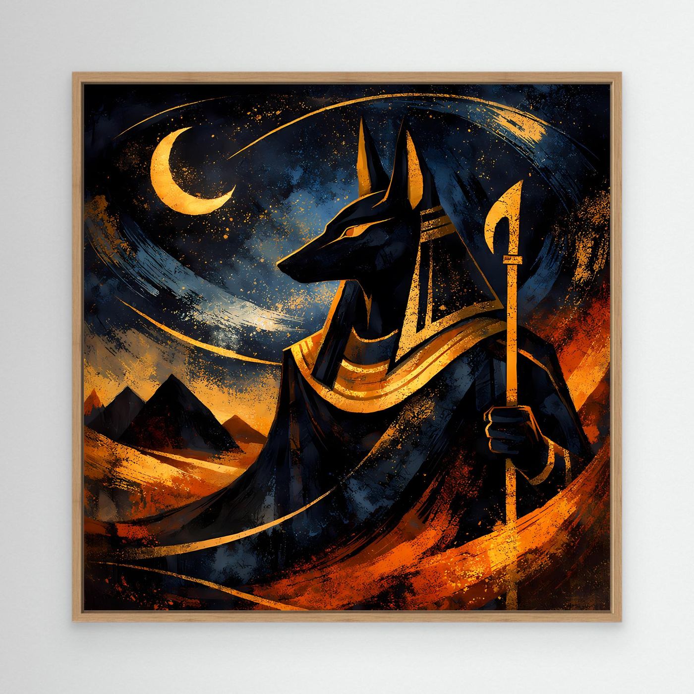 Leinwandbild mit Anubis, Mondsichel und Fackel im Nachtmotiv, Holzrahmen Eiche
