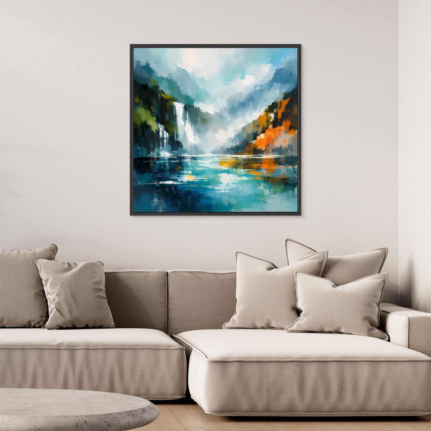 Abstraktes Leinwand-Wandbild Wasserfall im Fjord mit schwarzem Rahmen, blau-grün