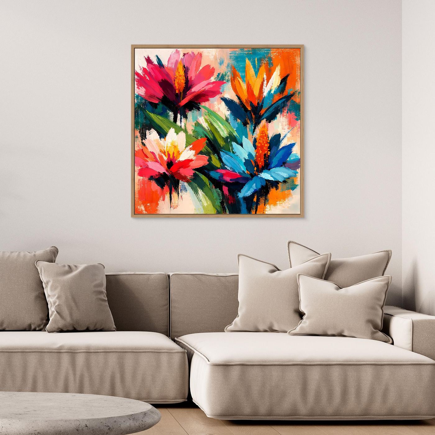 Abstract floral wall art with dark wood frame, vivid red, blue, and orange blossoms