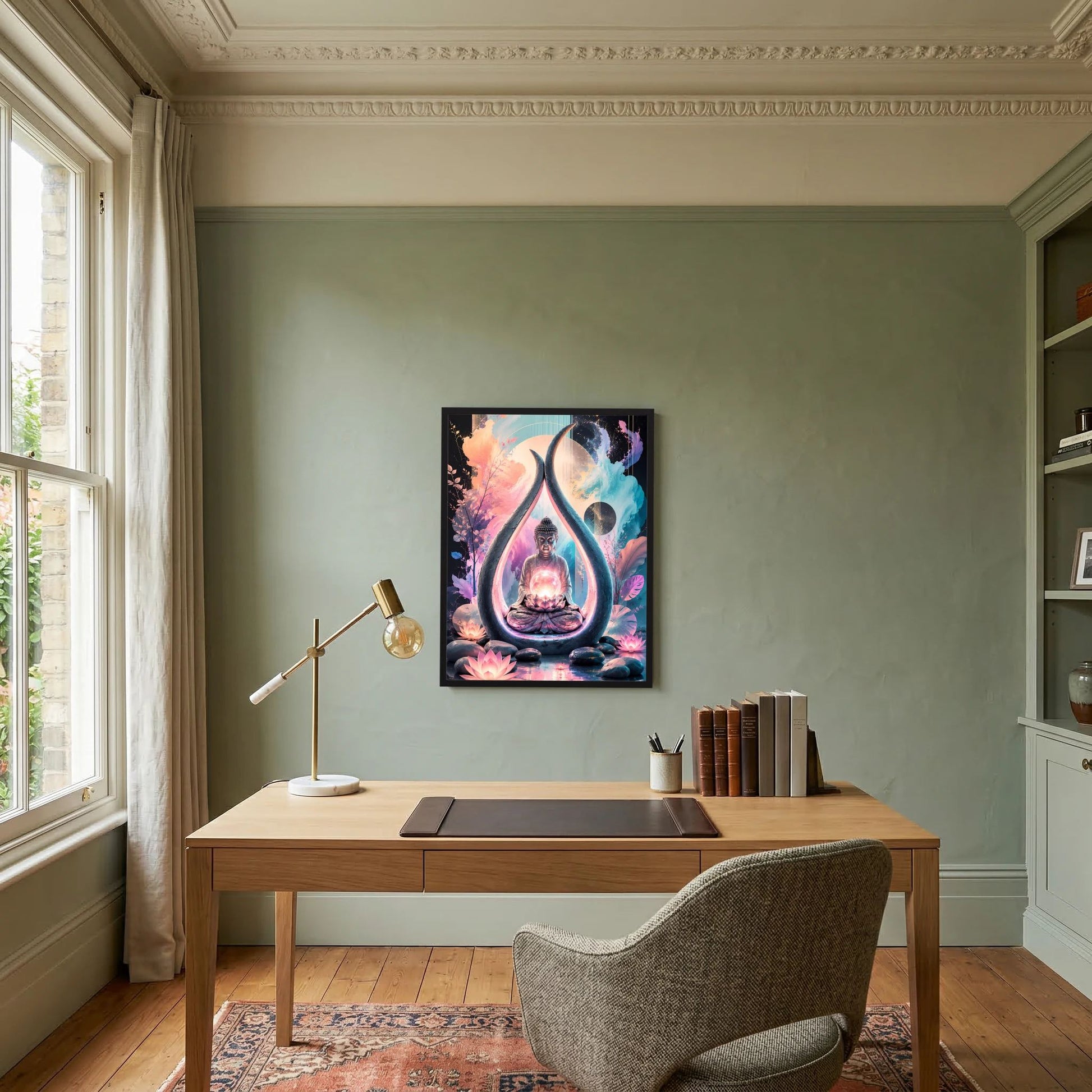 Hochformat-Poster mit Buddha im Lotussitz, umgeben von pastellfarbenen Rauchwolken
