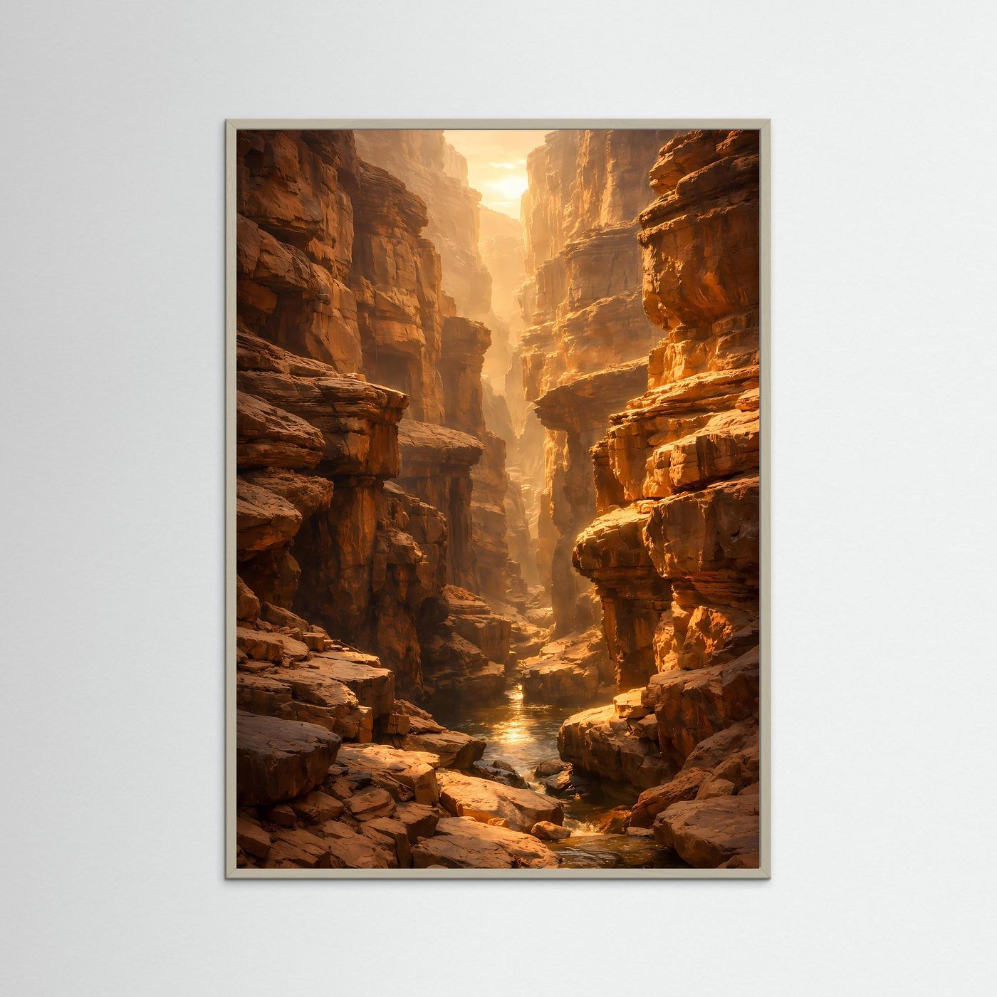 Canyon-Poster mit grauem Rahmen, Schlucht zwischen rötlich-braunen Felsen