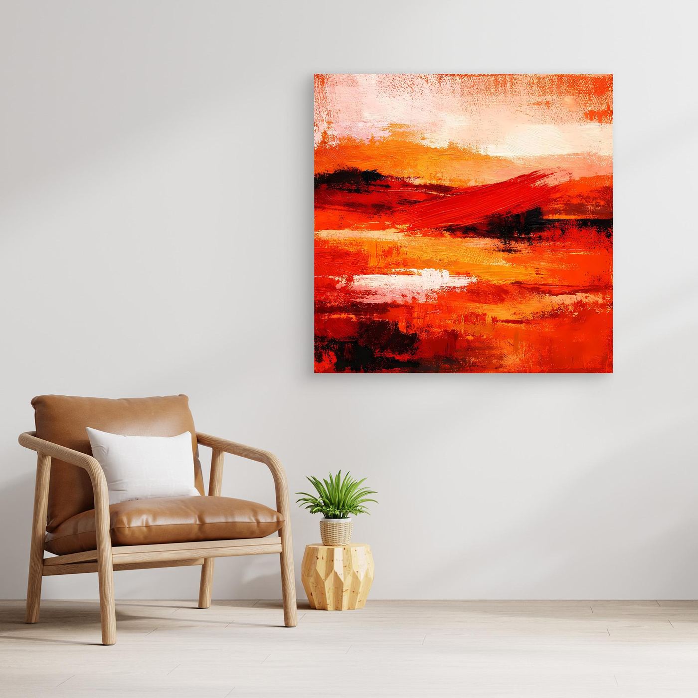 Abstraktes Leinwand-Wandbild ohne Rahmen in Rot-Orange mit hellen Pinselüberlagerungen