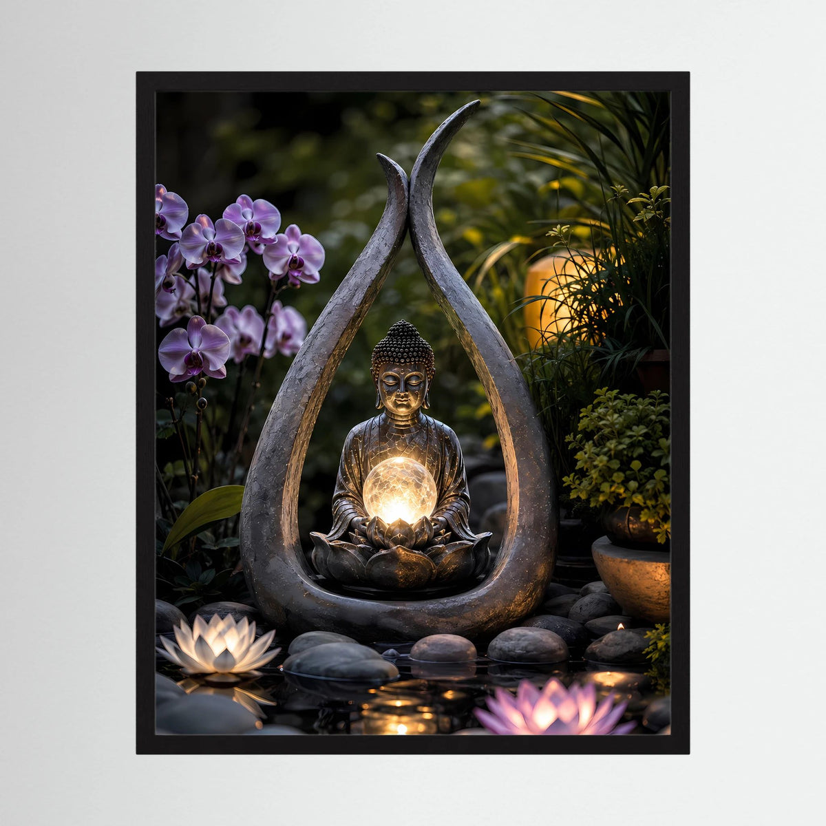 Spirituelles Hochformat-Poster mit Buddha im Zen-Garten, leuchtender Lichtkugel und Lotusblüte