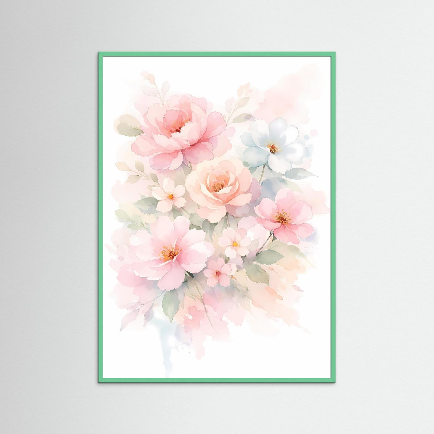 Wandbild mit Aquarell-Blumenbouquet in Pastelltönen, grüner Holzrahmen