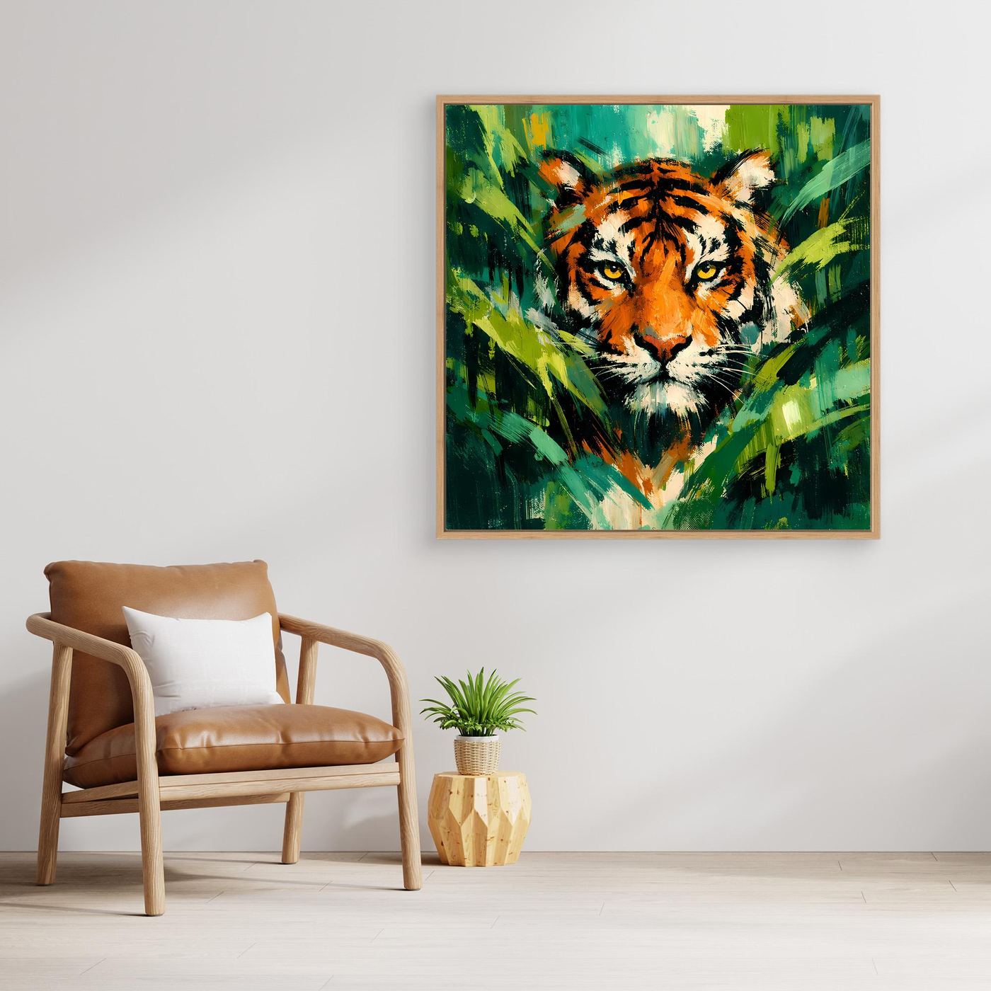 Leinwand Abstraktes Tiger Gemälde | Modernes Wandbild Raubkatze Dschungel Grün Orange