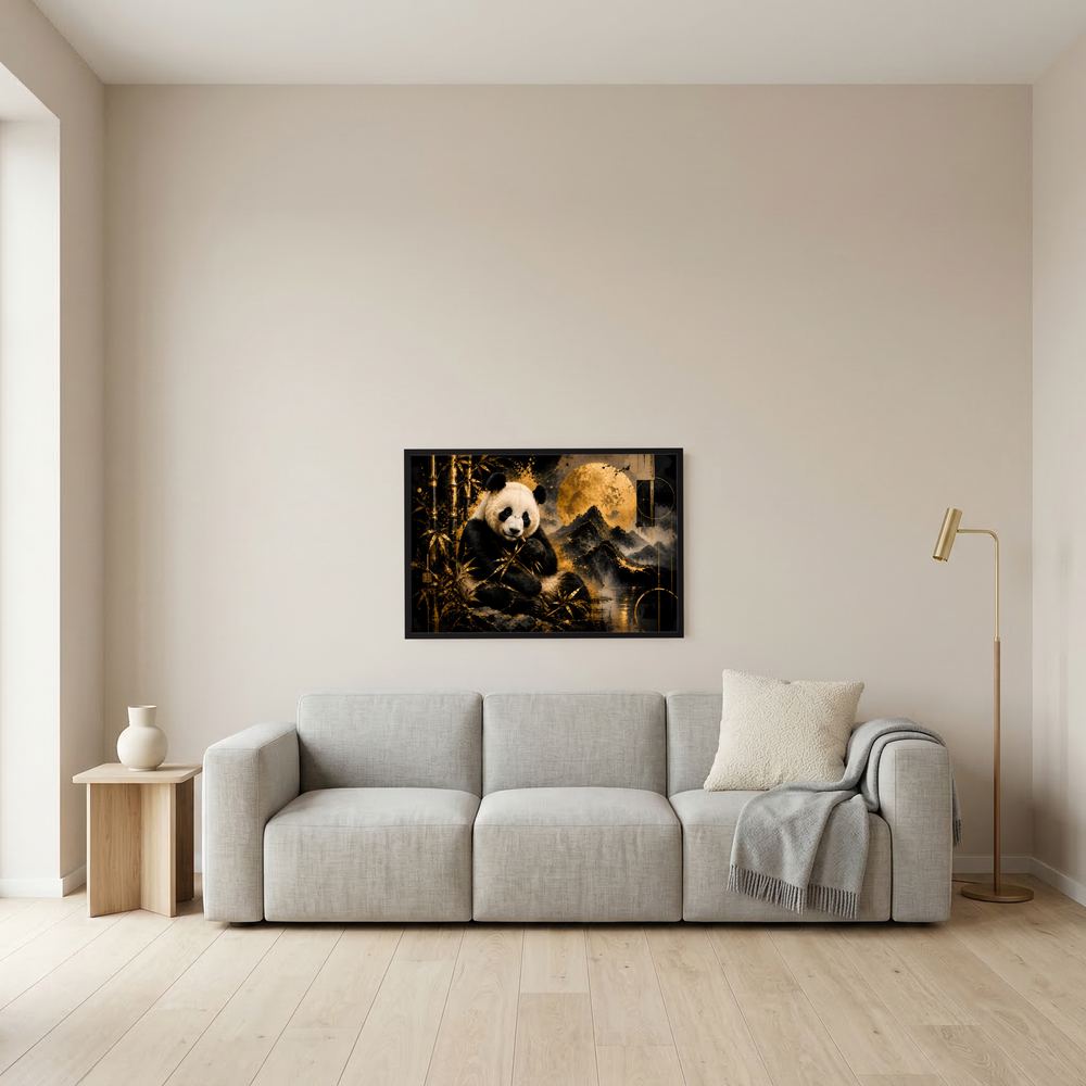 Poster im Querformat mit Panda, gelbe Berglandschaft und Bambus, schwarzer Rahmen