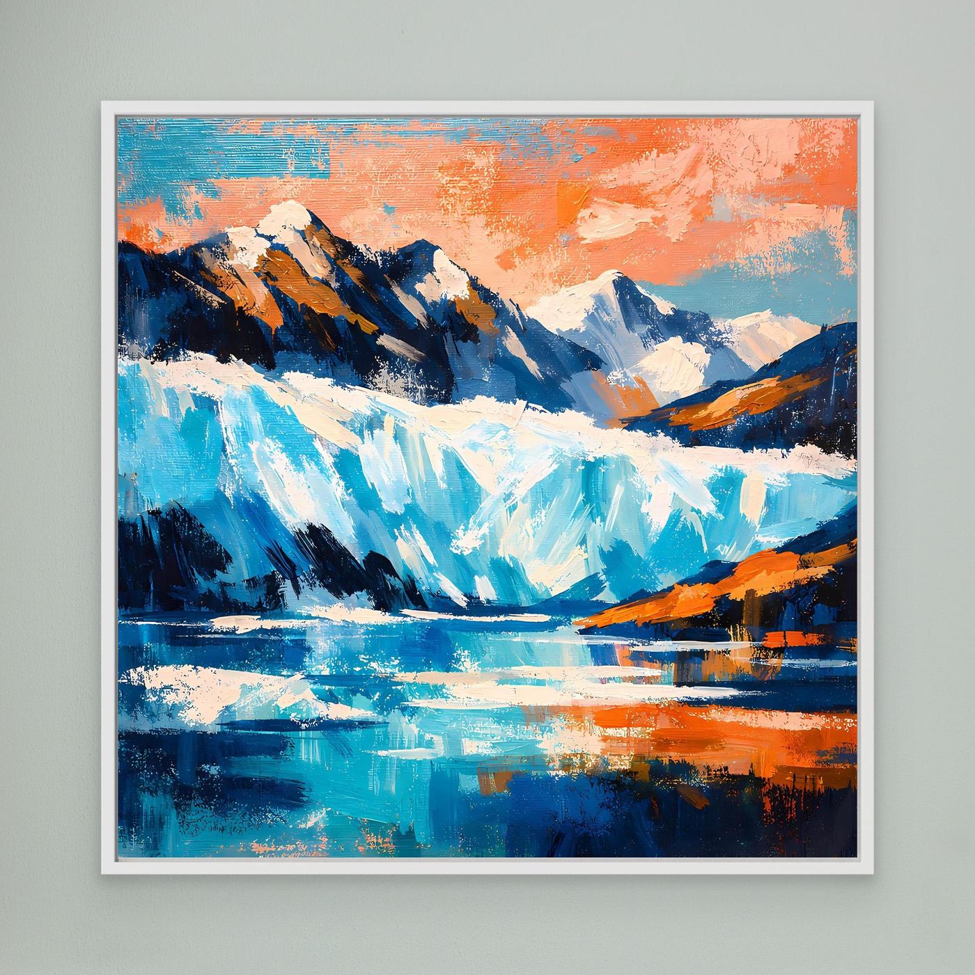 Leinwand-Wandbild mit abstrakter Gletscher- und Berglandschaft, orange-blaue Farbflächen, weißer Rahmen