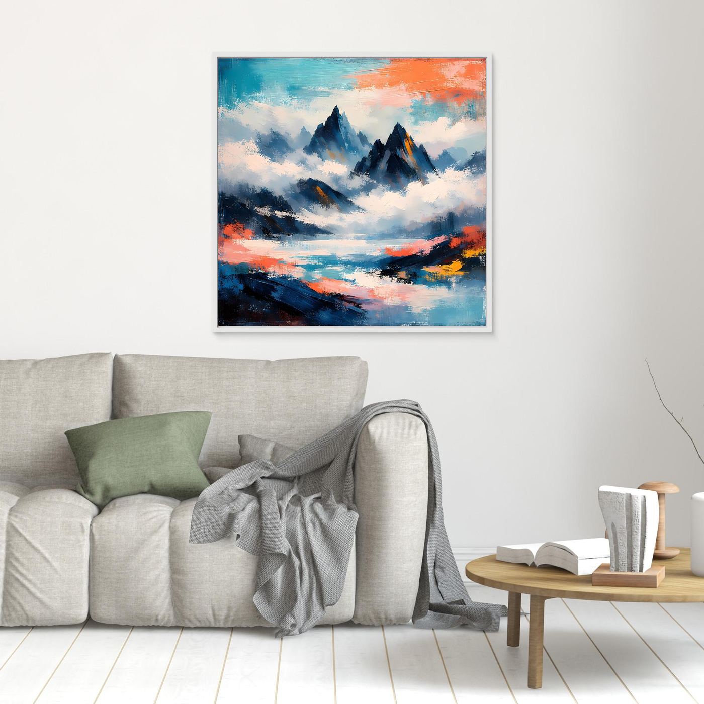 Abstraktes Leinwand-Wandbild mit Berggipfeln im Nebel, blau-grau, orangefarbene Wolken