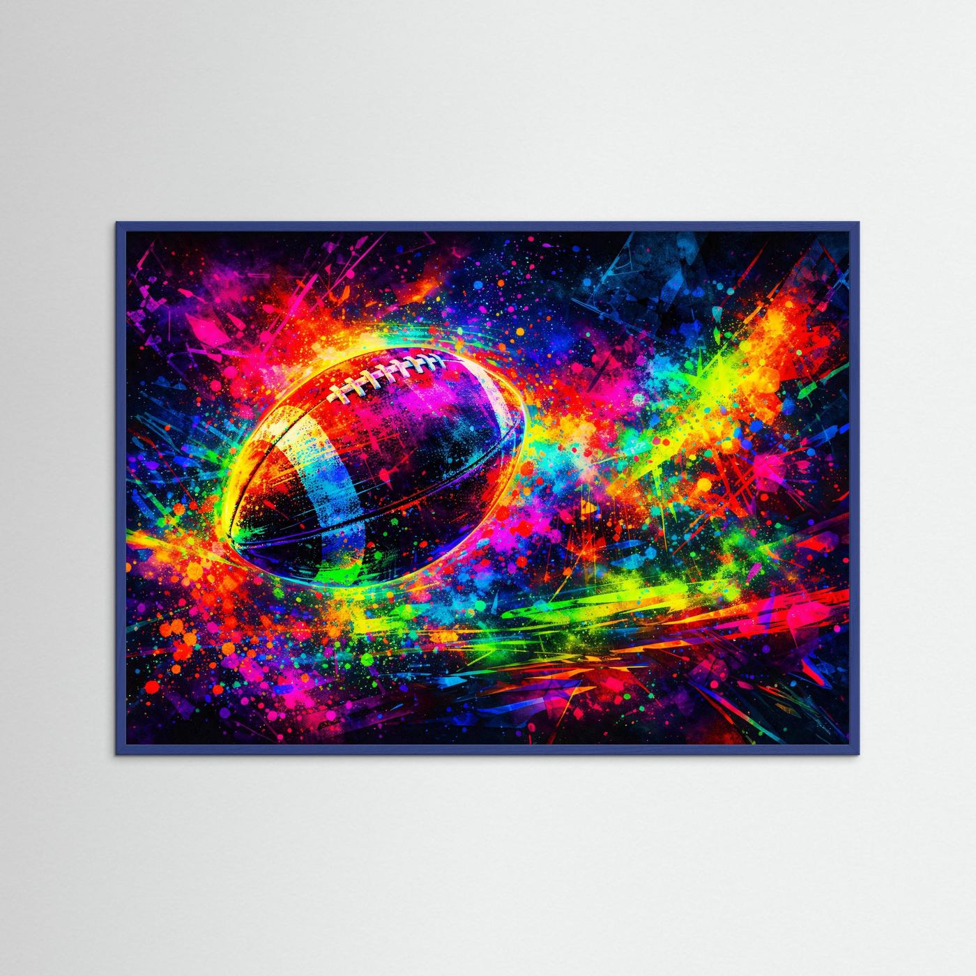 Neon-Sportposter mit leuchtendem Fußball und Farbnebel, im Rahmen im Querformat