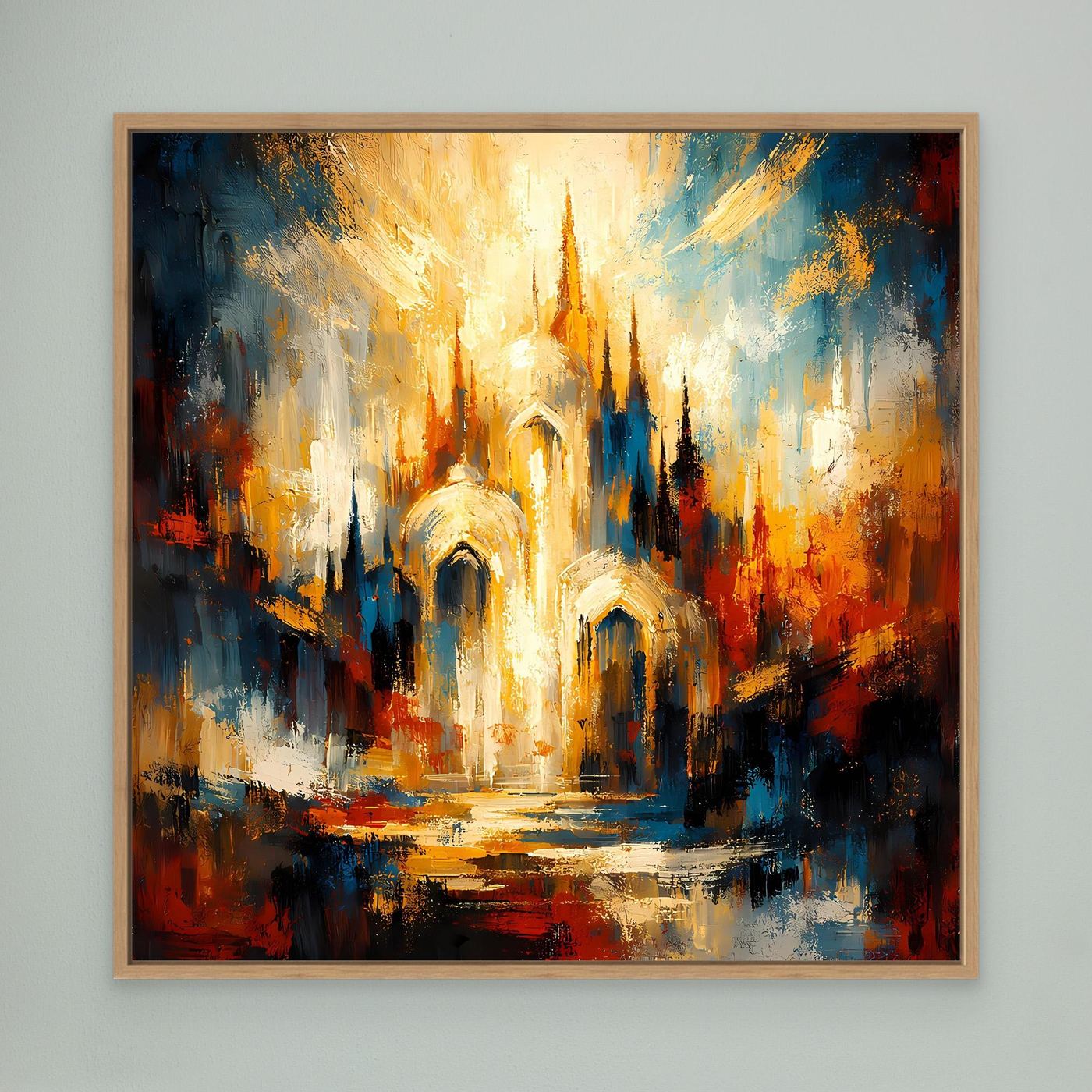 Leinwandbild „Goldene Kathedrale“: abstrakte Architektur in Blau-Gold, mit hellem Holzrahmen