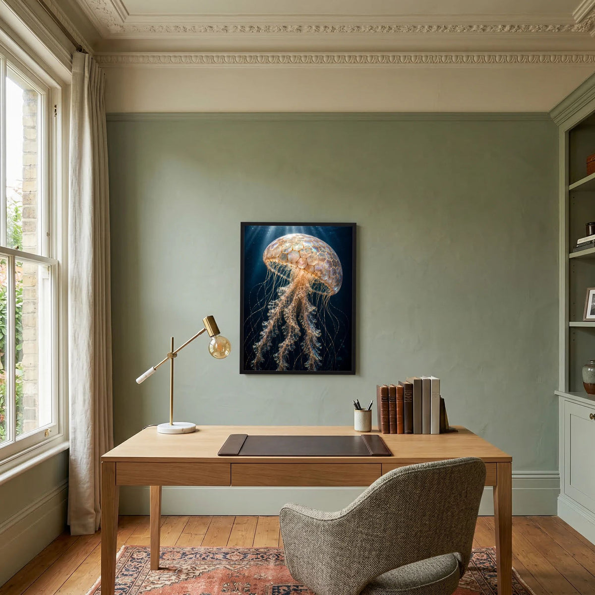 Gerahmtes Poster mit goldener Qualle, Tentakel sichtbar, auf blau-dunklem Hintergrund