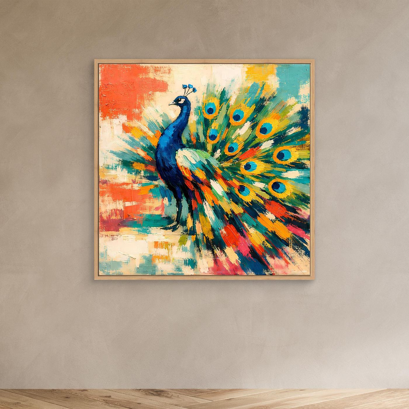 Peacock canvas wall art with colorful fan feathers, wood frame