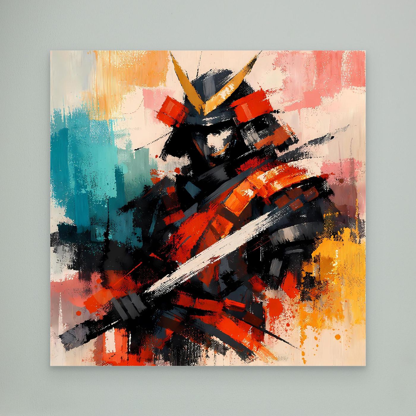 Leinwandbild ohne Rahmen, Nahansicht: abstrakter Samurai-Krieger mit Schwertstrichen in Orange/Blau