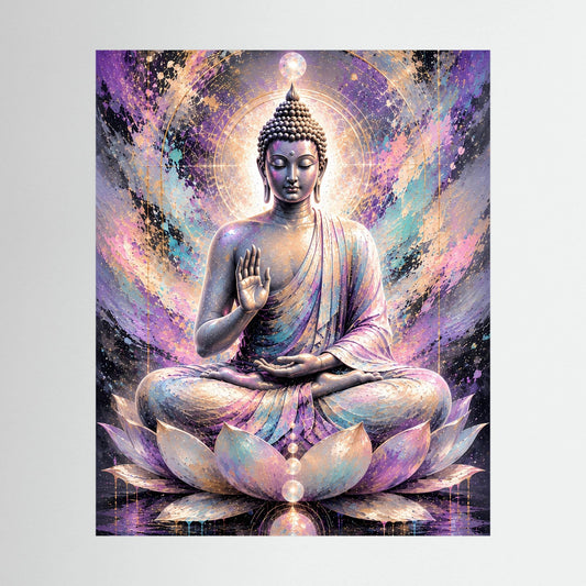 Poster im Hochformat mit Buddha in Meditation auf Lotusblüten, pastellfarbene Aura