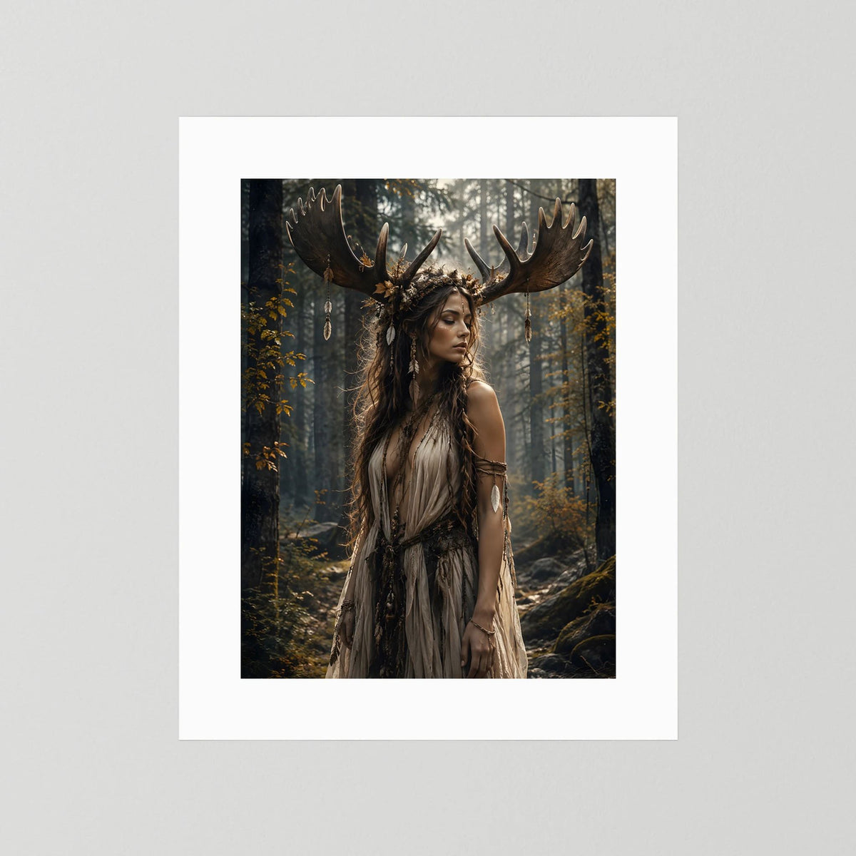 Fantasy-Poster mit Waldgöttin mit Geweih, weißer Rand ohne Rahmen