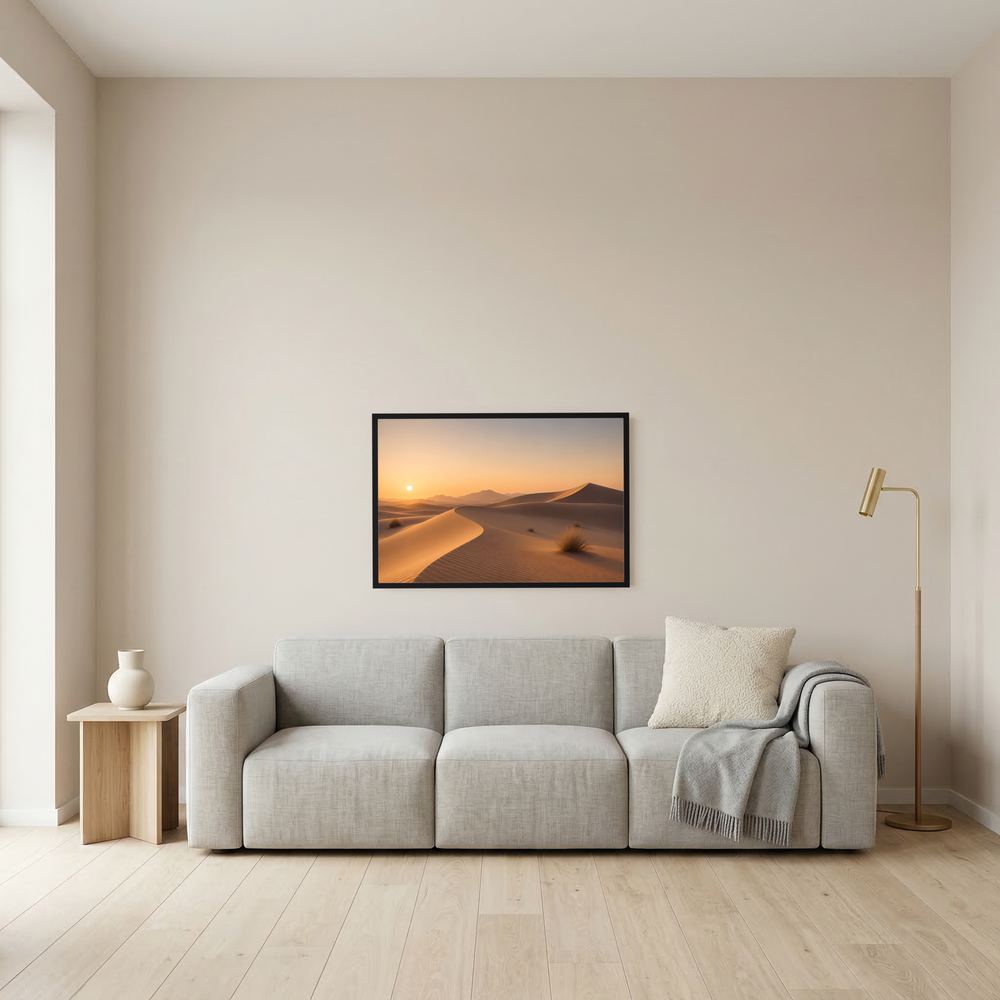 Wandbild mit Wüstenlandschaft: Dünen bei Sonnenuntergang, Querformat, schwarzer Bilderrahmen
